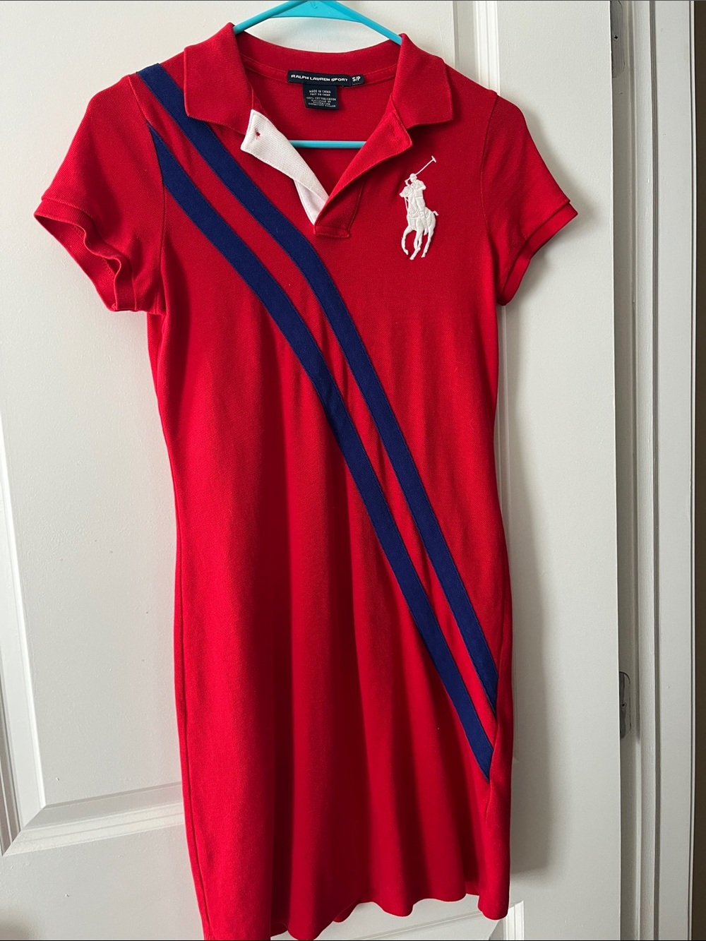 Ralph Lauren Small Red Polo Dress with Navy Diagonal Stripes white big pony logo